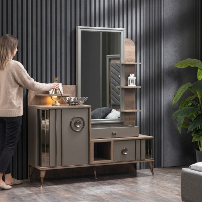 Diseño de tocador con espejo, muebles de dormitorio de lujo, 2 piezas. Nuevo.