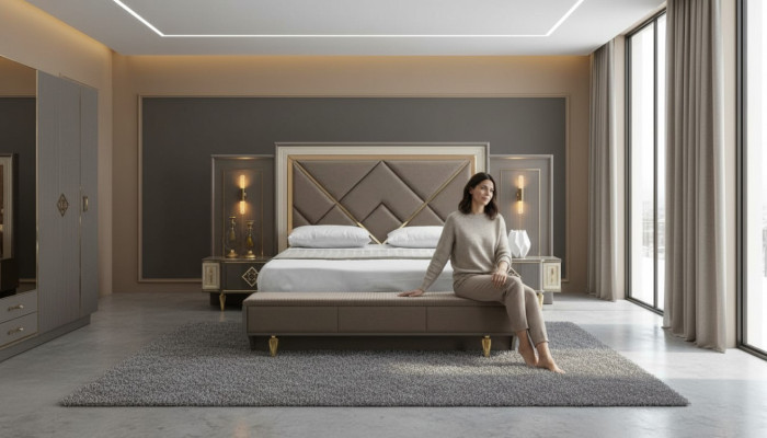 Juego de dormitorio de lujo de 3 piezas, cama y 2 mesitas de noche Diseño textil 3 piezas sets