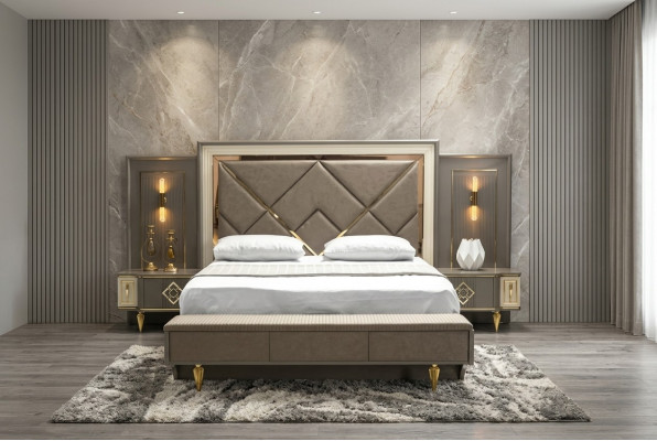 Juego de dormitorio de lujo de 3 piezas, cama y 2 mesitas de noche Diseño textil 3 piezas sets