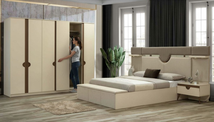 Elegante conjunto de muebles para dormitorio de 4 piezas: cama, 2 mesitas de noche, armario. Nuevo.