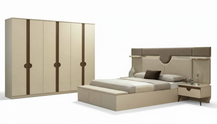 Elegante conjunto de muebles para dormitorio de 4 piezas: cama, 2 mesitas de noche, armario. Nuevo.