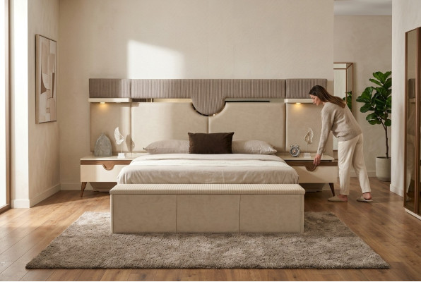 Juego de dormitorio de 3 piezas con cama, 2 mesas de noche, estilo elegante, muebles de cama.