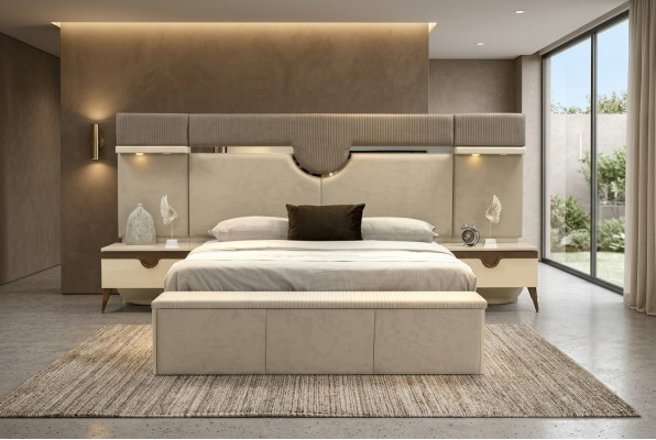 Juego de dormitorio de 3 piezas con cama, 2 mesas de noche, estilo elegante, muebles de cama.