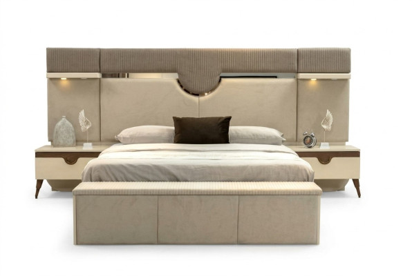 Juego de dormitorio de 3 piezas con cama, 2 mesas de noche, estilo elegante, muebles de cama.