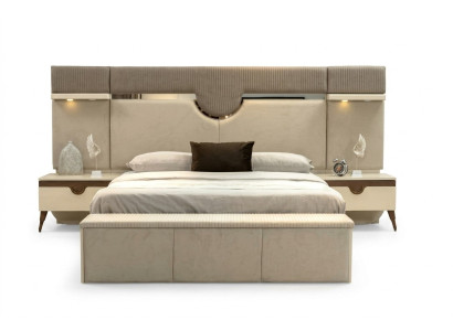 Juego de dormitorio de 3 piezas con cama, 2 mesas de noche, estilo elegante, muebles de cama.