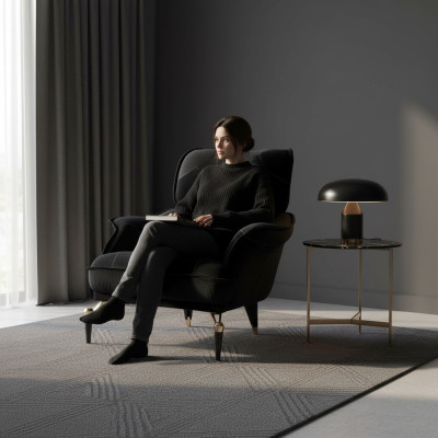 Sillón perfecto suave para sala de estar, color negro, nuevo, muebles de lujo de textil.