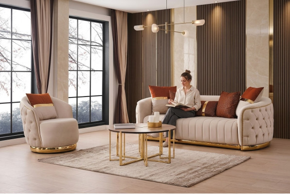 Set de sala de estar de 2 piezas con un sofá de tres plazas moderno y un sillón de tela.