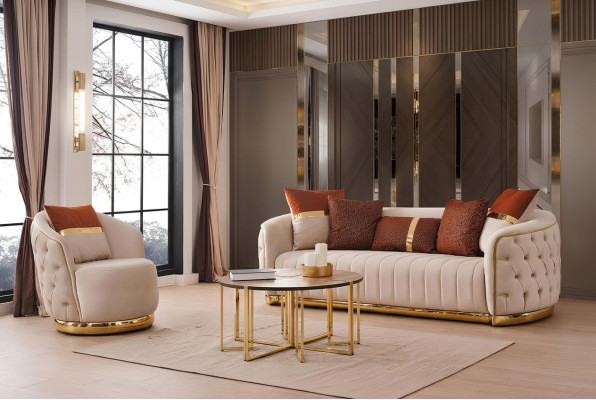 Set de sala de estar de 2 piezas con un sofá de tres plazas moderno y un sillón de tela.