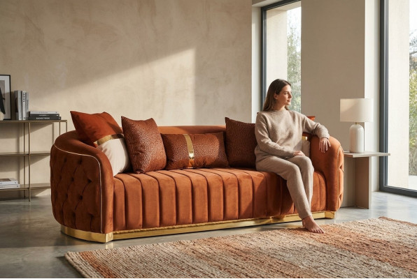 Orange Textil Dreisitzer Moderna Sofa de Lujo de Diseñador Sofa de Terciopelo Chesterfield.