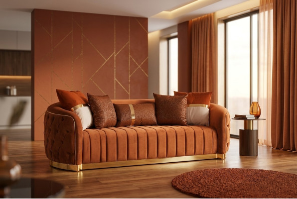 Orange Textil Dreisitzer Moderna Sofa de Lujo de Diseñador Sofa de Terciopelo Chesterfield.