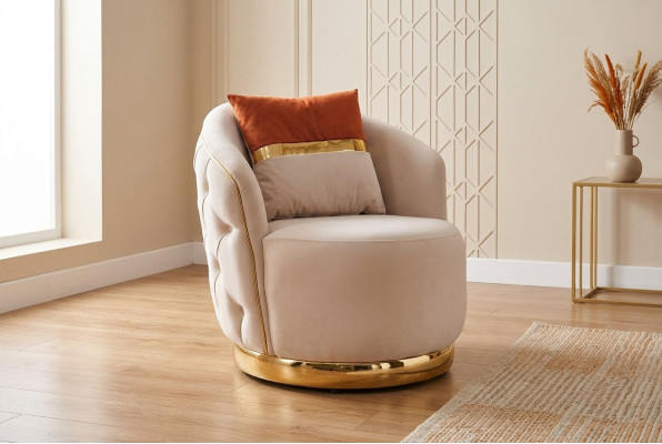Diseño de asiento de lujo beige, sillón de relax de tela con acero inoxidable, sillón club.