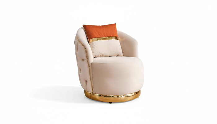 Diseño de asiento de lujo beige, sillón de relax de tela con acero inoxidable, sillón club.