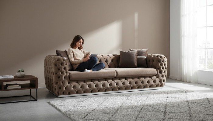 Sofá de 3 plazas tapizado en tela marrón diseño de asiento moderno Chesterfield.