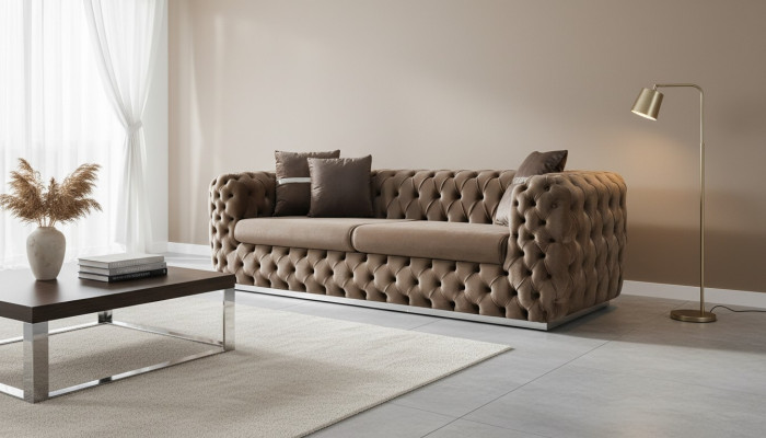 Sofá de 3 plazas tapizado en tela marrón diseño de asiento moderno Chesterfield.