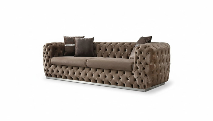 Sofá de 3 plazas tapizado en tela marrón diseño de asiento moderno Chesterfield.