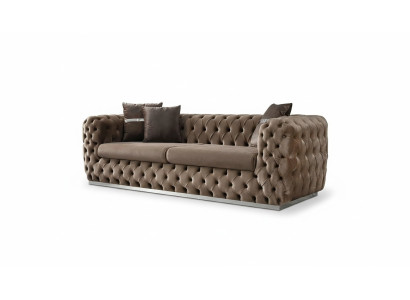 Sofá de 3 plazas tapizado en tela marrón diseño de asiento moderno Chesterfield.