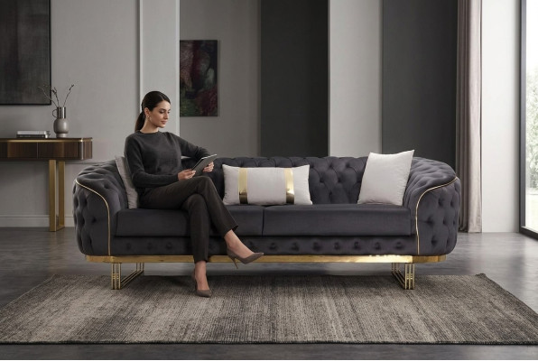 Sofá de diseñador de 3 plazas en tela Sofá de tapicería Sofás de diseño Marrón Chesterfield