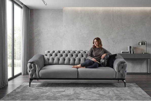 Sofá de diseñador de 3 plazas Chesterfield Couch, sofás tapizados de diseño en gris, cojines de asiento