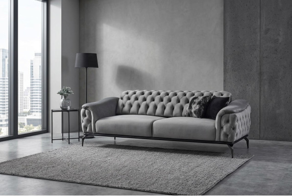 Sofá de diseñador de 3 plazas Chesterfield Couch, sofás tapizados de diseño en gris, cojines de asiento