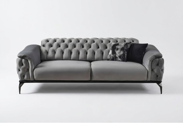 Sofá de diseñador de 3 plazas Chesterfield Couch, sofás tapizados de diseño en gris, cojines de asiento