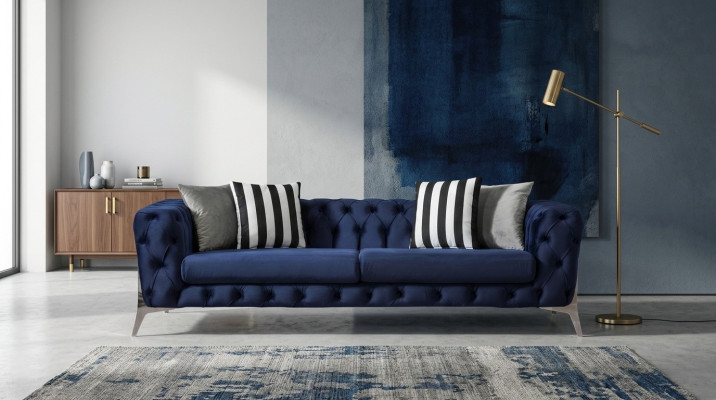 Sofá Chesterfield de 3 plazas en terciopelo azul lujoso Muebles para sala de estar Sofás