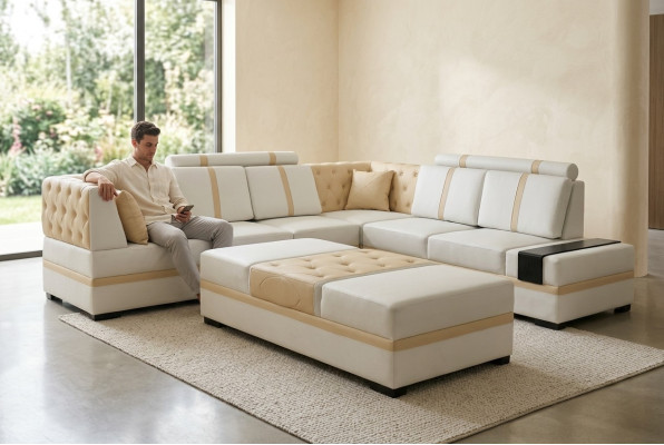 Sofá de diseñador de lujo con chaise longue y otomana, juego de salón en forma de L.