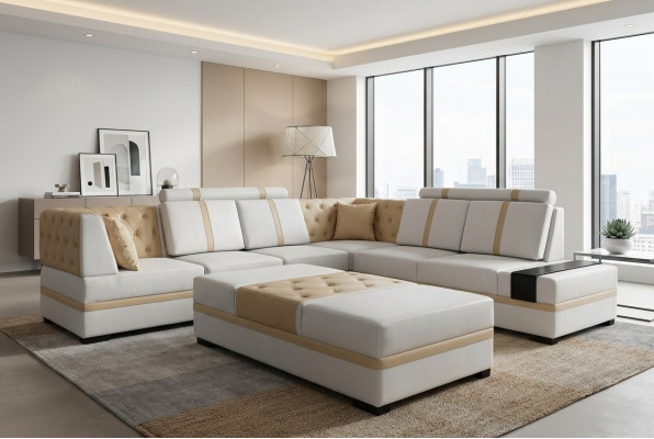 Sofá de diseñador de lujo con chaise longue y otomana, juego de salón en forma de L.