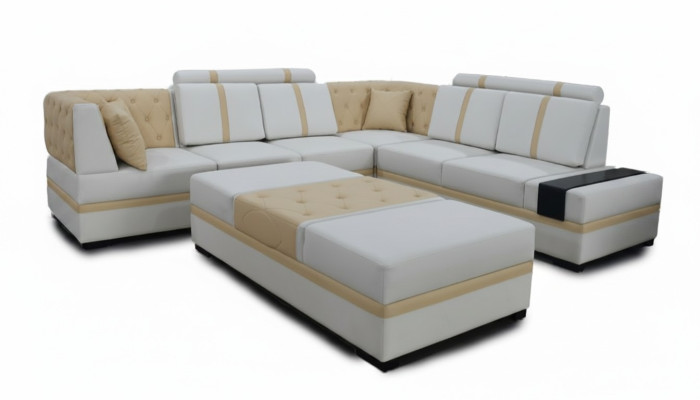 Sofá de diseñador de lujo con chaise longue y otomana, juego de salón en forma de L.