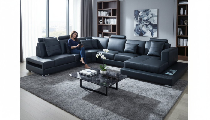 Lujo sofá esquinero en forma de U negro sala de estar sofá tapizado conjunto esquinero.