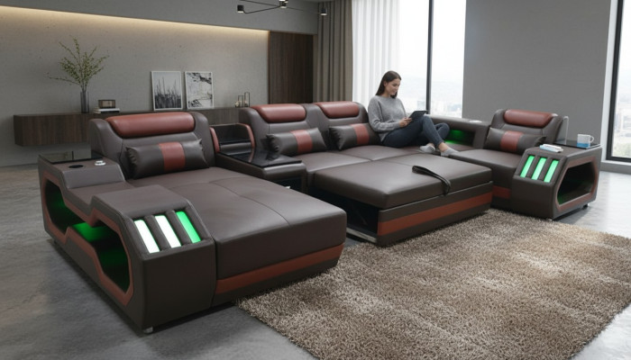 Lujo sofá esquinero en forma de U con función de cama, muebles de sofá de salón con LED.