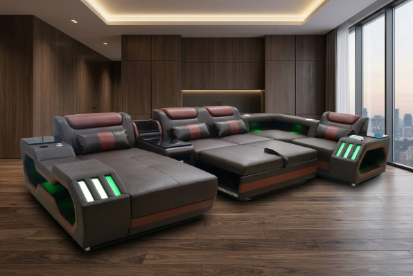 Lujo sofá esquinero en forma de U con función de cama, muebles de sofá de salón con LED.