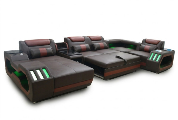 Lujo sofá esquinero en forma de U con función de cama, muebles de sofá de salón con LED.
