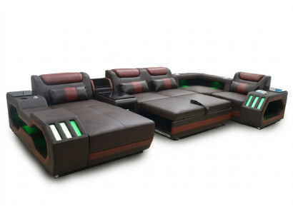 Lujo sofá esquinero en forma de U con función de cama, muebles de sofá de salón con LED.