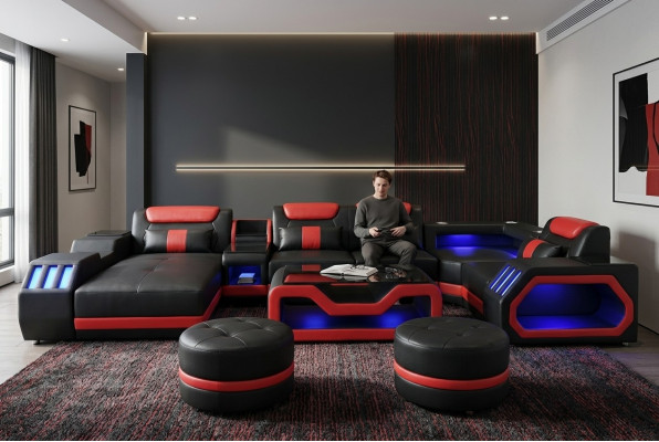 La sala de estar de diseño consta de un conjunto moderno de 4 piezas de color negro iluminado.