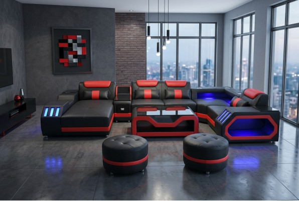 La sala de estar de diseño consta de un conjunto moderno de 4 piezas de color negro iluminado.