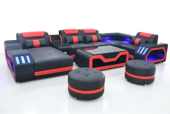 La sala de estar de diseño consta de un conjunto moderno de 4 piezas de color negro iluminado.
