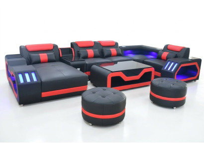 La sala de estar de diseño consta de un conjunto moderno de 4 piezas de color negro iluminado.