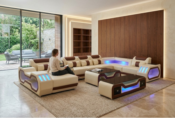 Juego de sala: sofá esquinero en forma de U color beige, mesa de centro, soporte para TV, tapizado, iluminado.