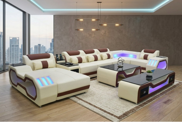 Juego de sala: sofá esquinero en forma de U color beige, mesa de centro, soporte para TV, tapizado, iluminado.