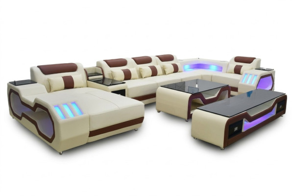 Juego de sala: sofá esquinero en forma de U color beige, mesa de centro, soporte para TV, tapizado, iluminado.