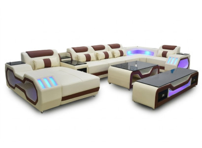 Juego de sala: sofá esquinero en forma de U color beige, mesa de centro, soporte para TV, tapizado, iluminado.