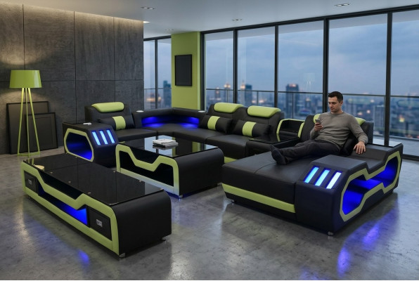 Juego de sala en forma de U con sofá esquinero, mesa de centro y soporte para TV moderno nuevo.
