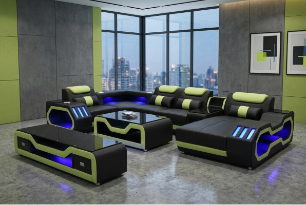 Juego de sala en forma de U con sofá esquinero, mesa de centro y soporte para TV moderno nuevo.