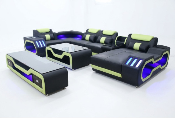 Juego de sala en forma de U con sofá esquinero, mesa de centro y soporte para TV moderno nuevo.