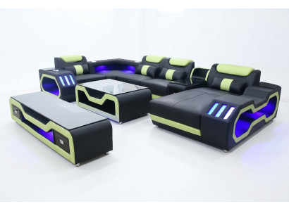 Juego de sala en forma de U con sofá esquinero, mesa de centro y soporte para TV moderno nuevo.