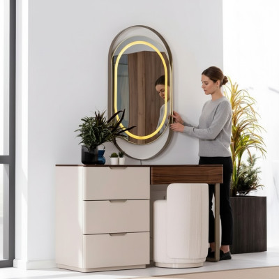 Tocador beige con espejo, mesa de maquillaje para dormitorio, set de lujo de 2 piezas.