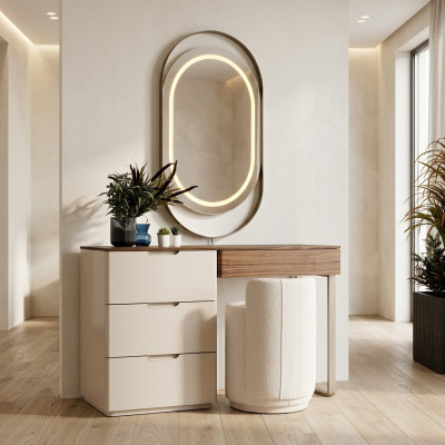 Tocador beige con espejo, mesa de maquillaje para dormitorio, set de lujo de 2 piezas.