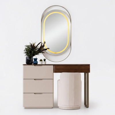 Tocador beige con espejo, mesa de maquillaje para dormitorio, set de lujo de 2 piezas.