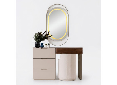 Tocador beige con espejo, mesa de maquillaje para dormitorio, set de lujo de 2 piezas.