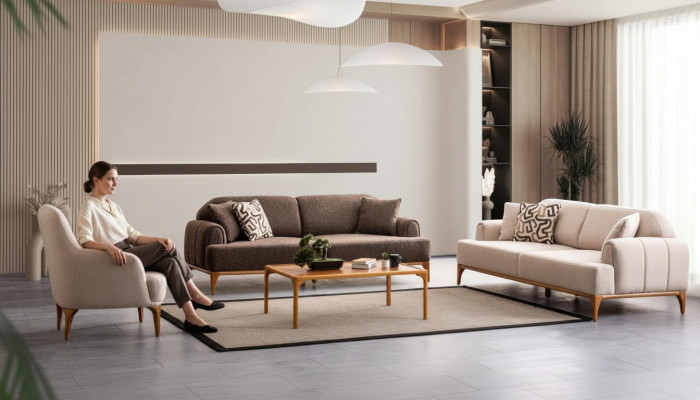 Conjunto de sofá beige moderno de lujo para la sala de estar, 3+3+1 plazas.